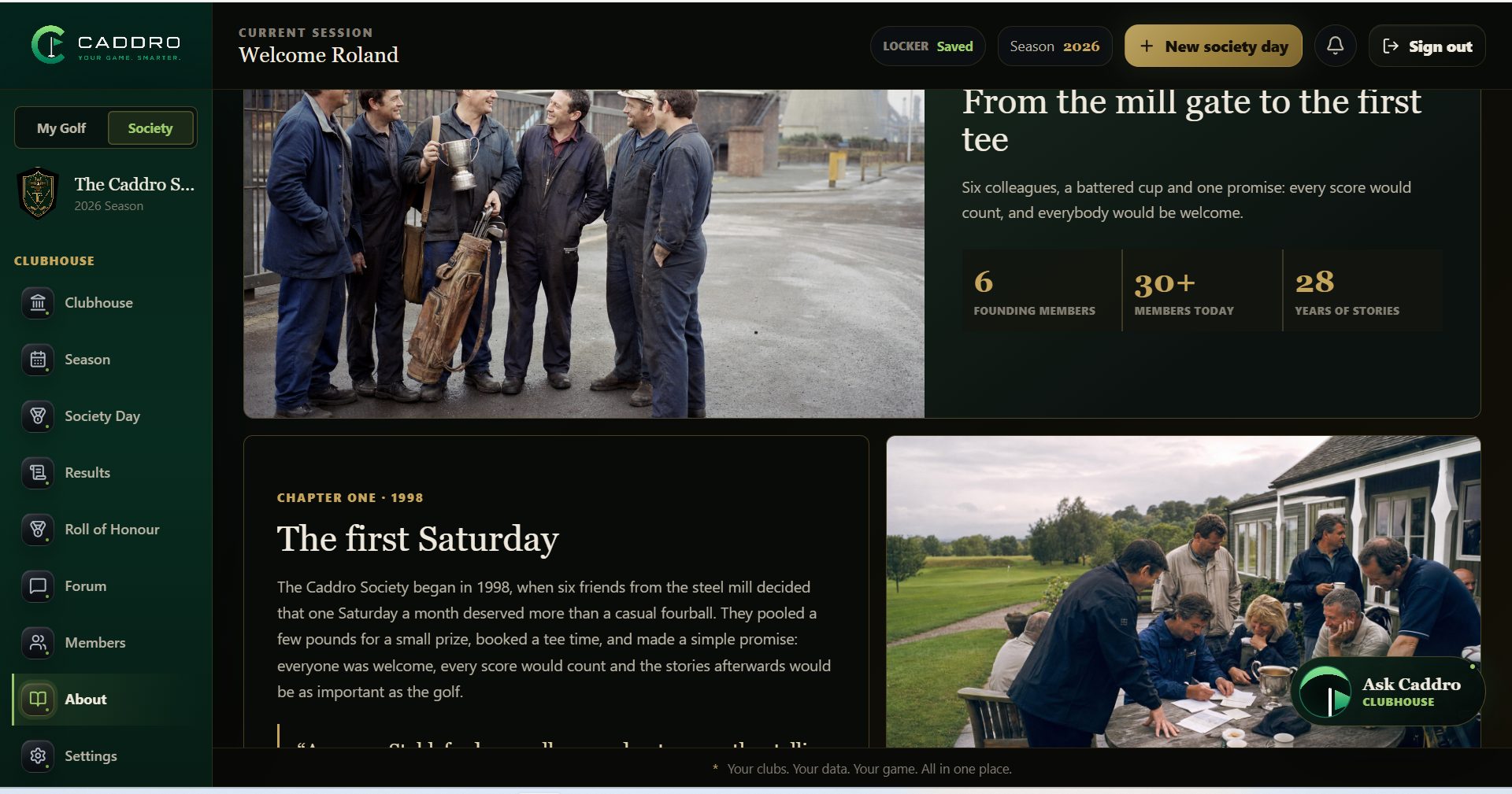 The society's About page — its origin story, founding members and traditions
