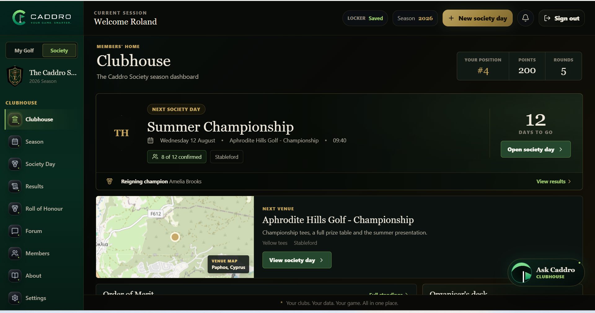 The Caddro Society Clubhouse — next society day, Order of Merit and season standings