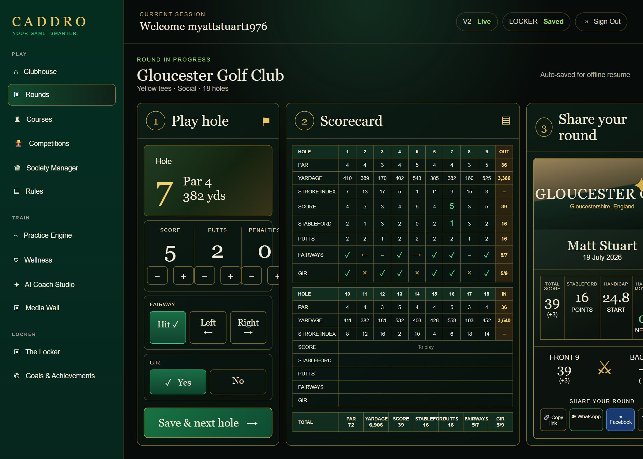 Live hole-by-hole scoring workspace with scorecard