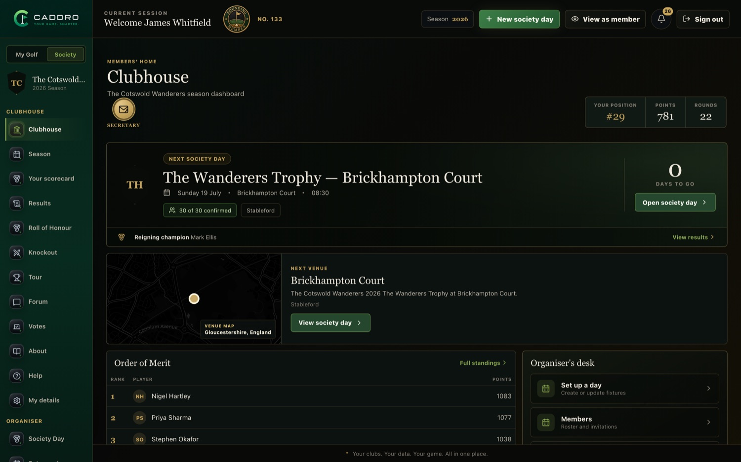 Caddro Society clubhouse dashboard