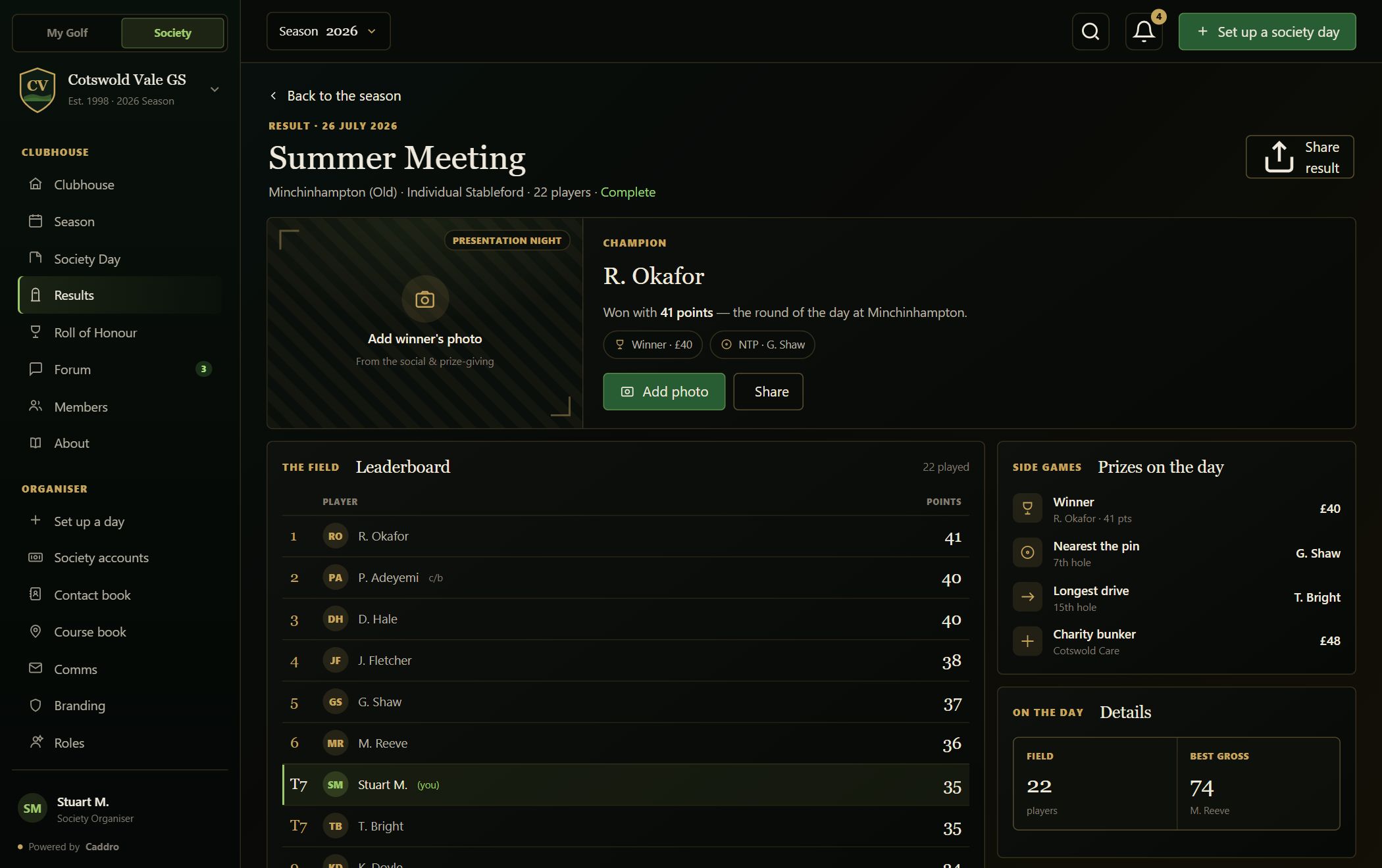 Event result and leaderboard
